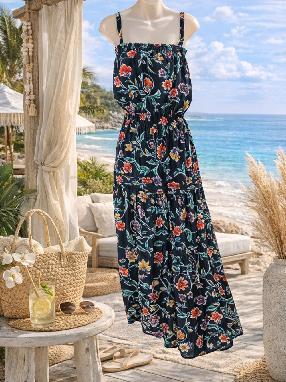 Ramy Brook Floral Tiered Midi Dress Small Black Boho Adjustable Strap Resort - Picture 3 of 9